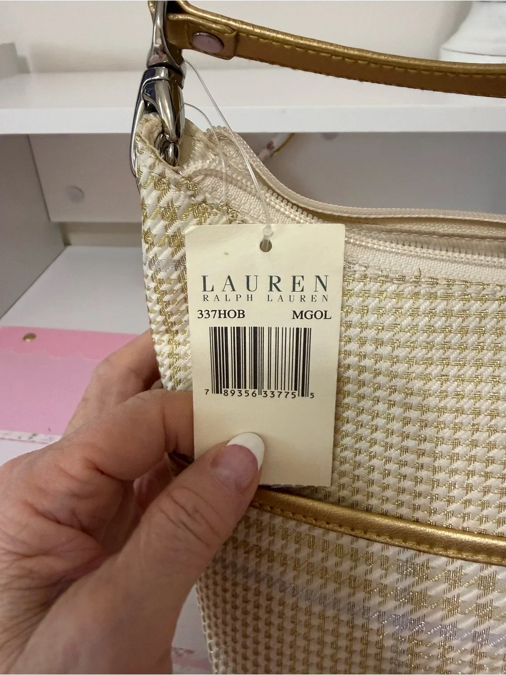 Vintage Ralph Lauren  Cream and gold Houndstooth Shoulder Bag with Gold Trim.